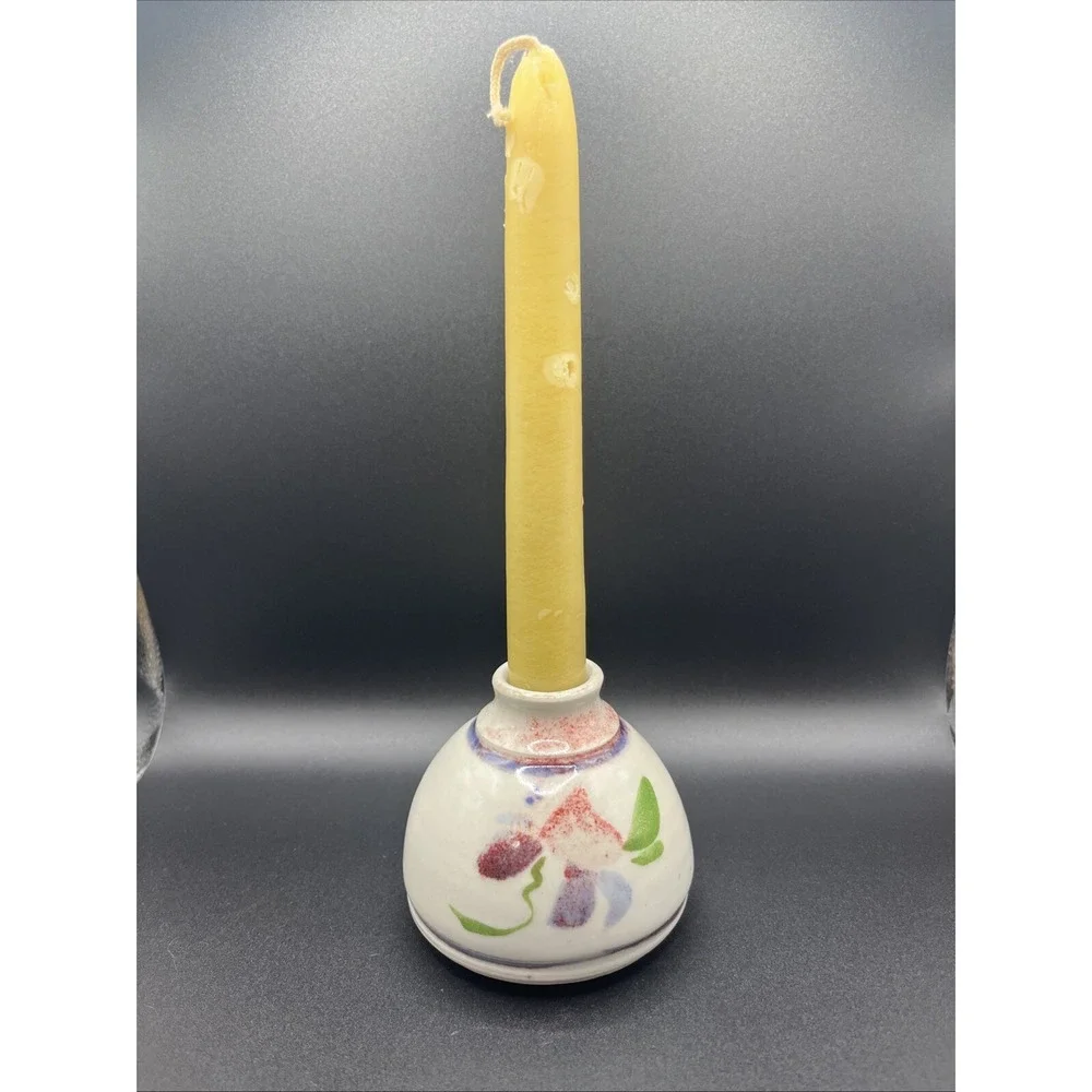 Candlestick Holder Vtg‎ Handmade Painted Art Clay Pottery - Signed by Artist